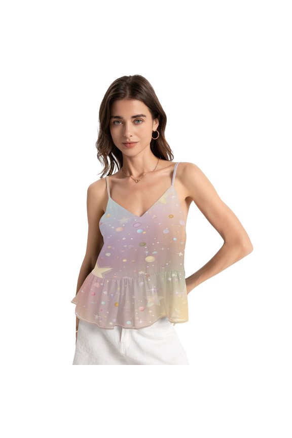 Women's Halter Tops Chiffon Sleeveless Camis Trendy Summer Camisole Rainbow-colored Stars and Dots Medium