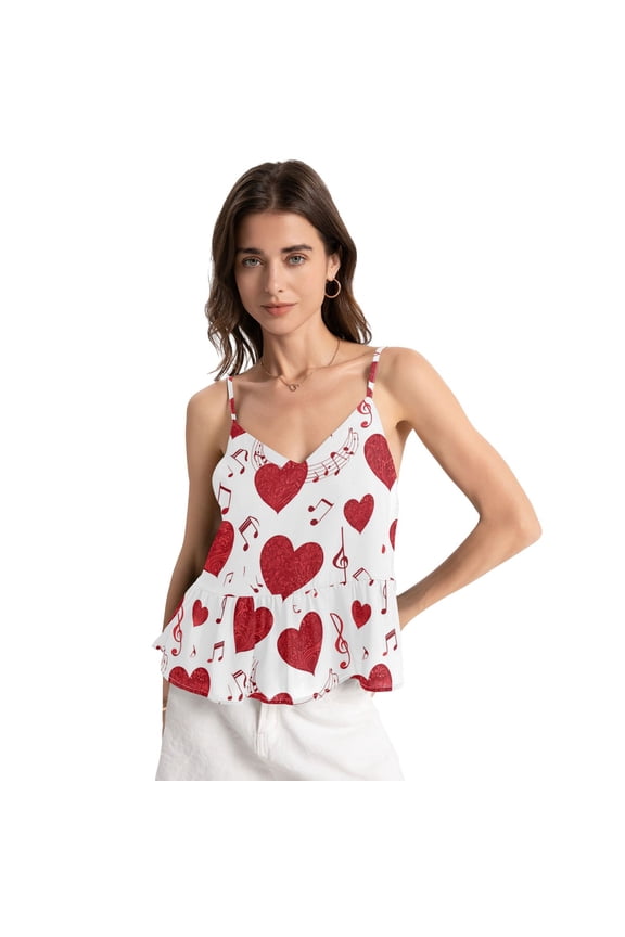 Women's Halter Tops Chiffon Sleeveless Camis Trendy Summer Camisole Red Hearts with Musical Notes Medium