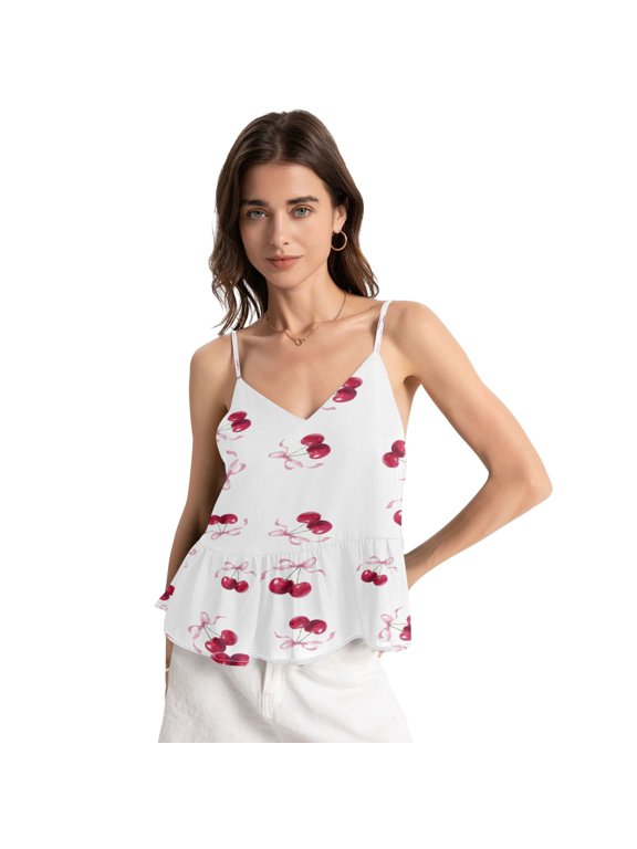 Women's Halter Tops Chiffon Sleeveless Camis Trendy Summer Camisole Watercolor Cherries Pattern Medium