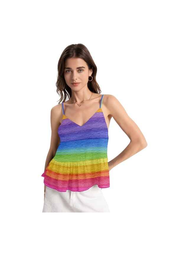 Women's Halter Tops Chiffon Sleeveless Camis Trendy Summer Camisole Watercolor Rainbow Colors Small