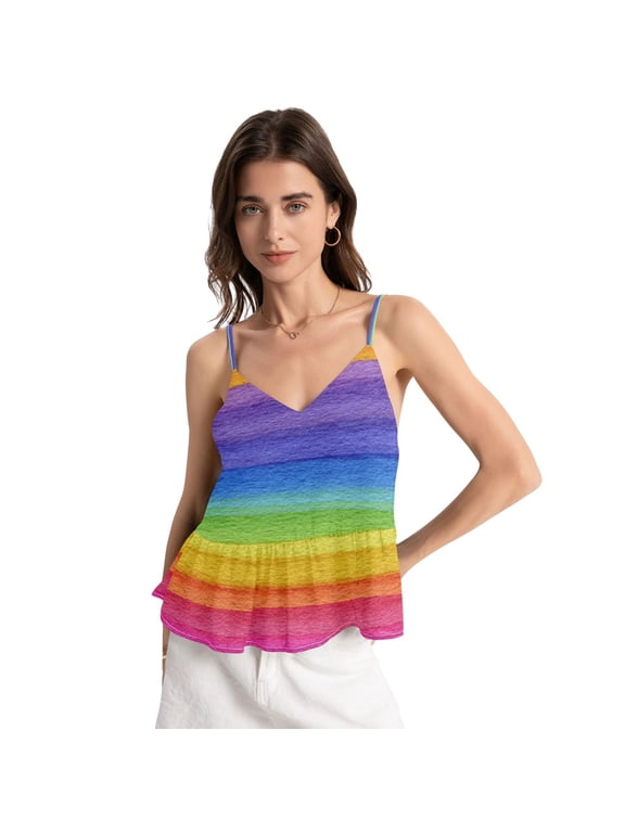 Women's Halter Tops Chiffon Sleeveless Camis Trendy Summer Camisole Watercolor Rainbow Colors XX-Large