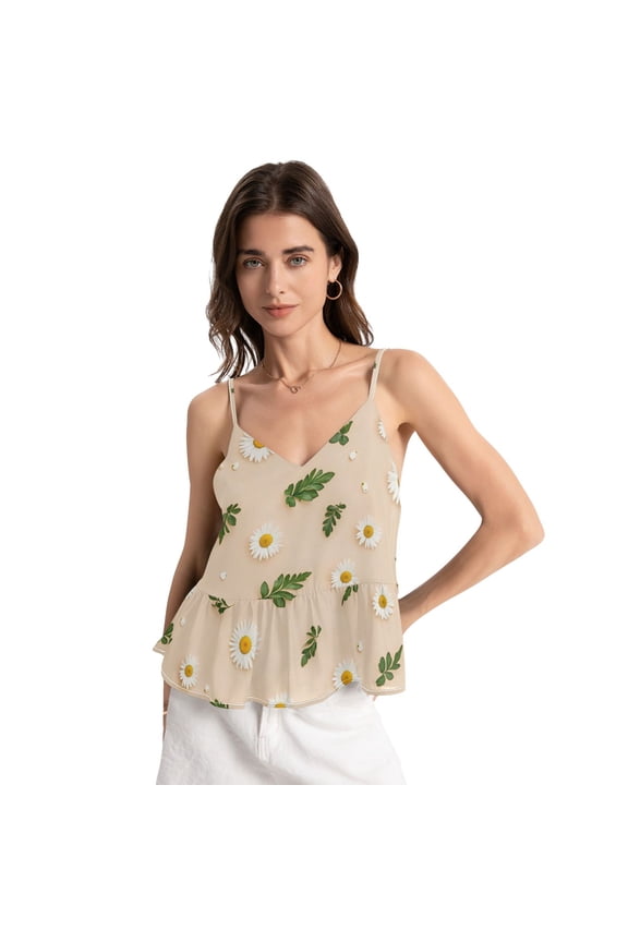 Women's Halter Tops Chiffon Sleeveless Camis Trendy Summer Camisole White Daisy Pattern Medium