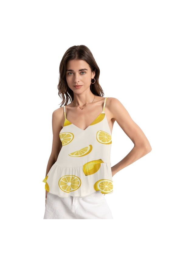 Women's Halter Tops Chiffon Sleeveless Camis Trendy Summer Camisole Yellow Lemon Pattern Medium
