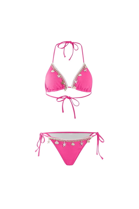 Women's Halter Triangle Tie Side Bikini Set Ribbed Swimsuits Fashion Boho Style Comfy 2 Piece Bathing Suit (L, Red)