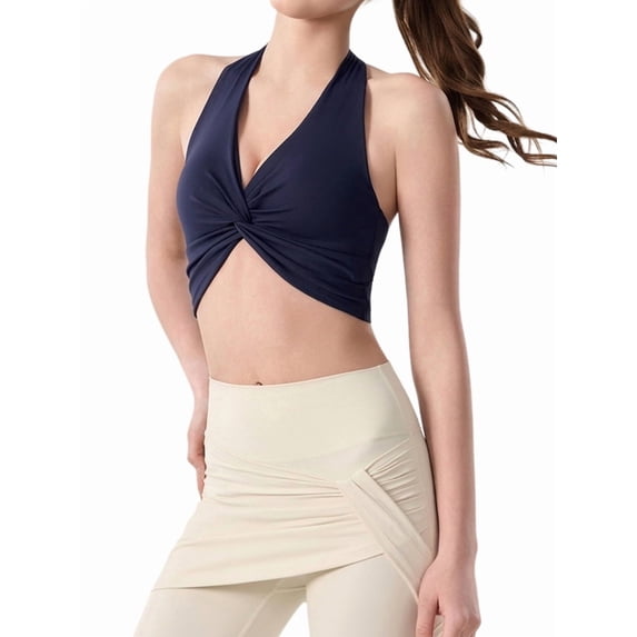 Women's Halter Twist Front T-Back Cropped Sports Tank Top Navy Blue M