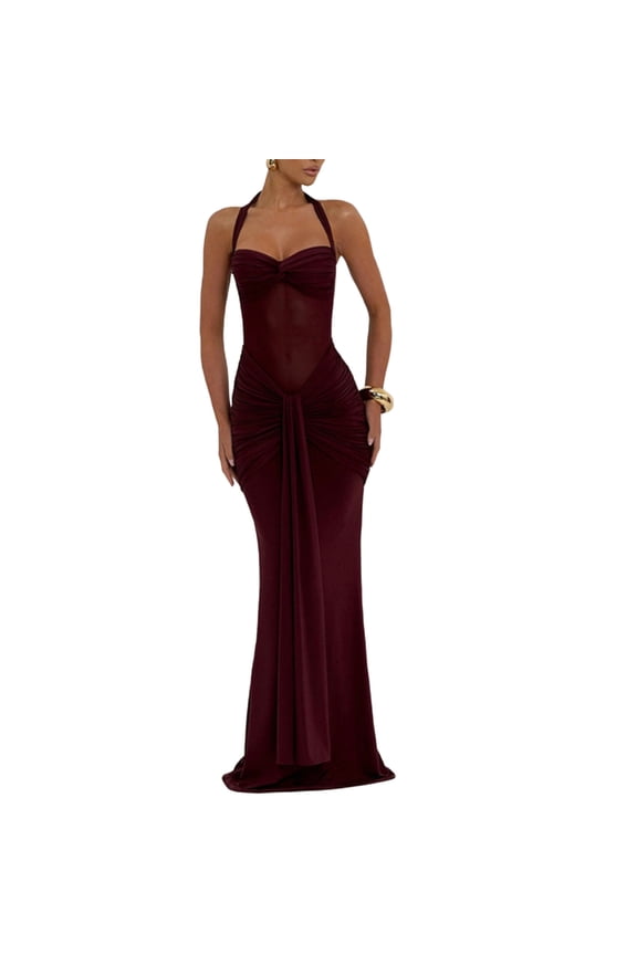 Women’s Halter Twist Knot Maxi Dress Draped Ribbon Ruched Cocktail Dress Sexy Sheer Mesh Bodycon Formal Party Dresses