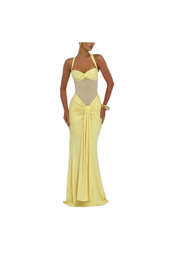 Women’s Halter Twist Knot Maxi Dress Draped Ribbon Ruched Cocktail Dress Sexy Sheer Mesh Bodycon Formal Party Dresses
