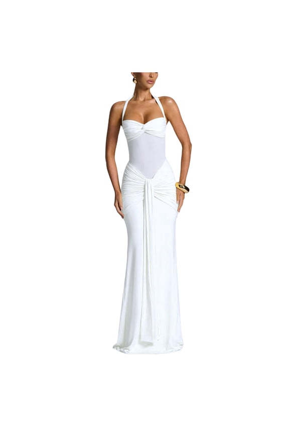 Women's Halter Twist Knot Maxi Dress Draped Ruched Party Cocktail Dress Sheer Mesh Bodycon Formal Evening Gown