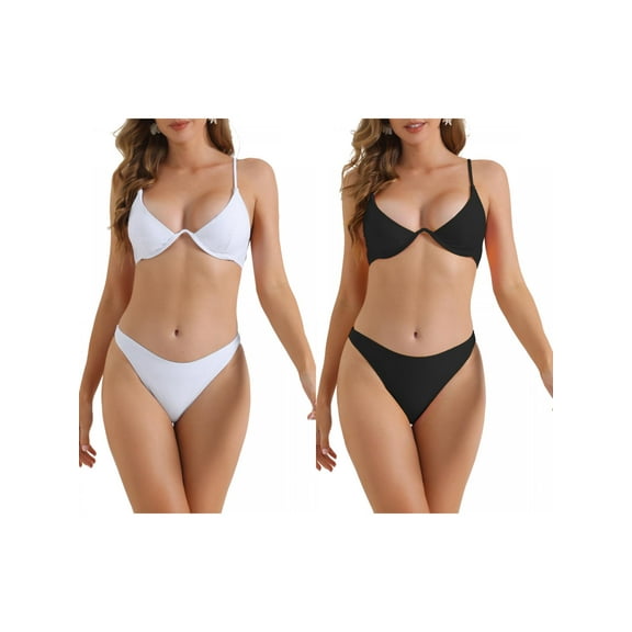 Women's Halter Underwire Bikini Sets, 2 Piece Adjustable Spaghetti Straps Swimwear Bathing Suits 2 Sets Large White, Black