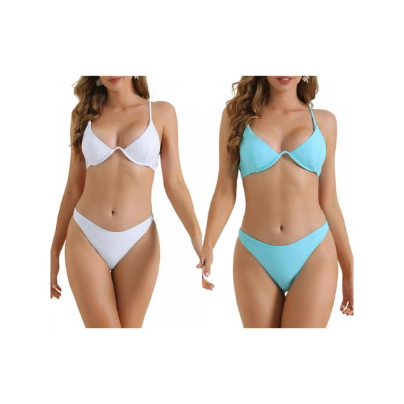 Women's Halter Underwire Bikini Sets, 2 Piece Adjustable Spaghetti Straps Swimwear Bathing Suits 2 Sets Large White, Light Blue