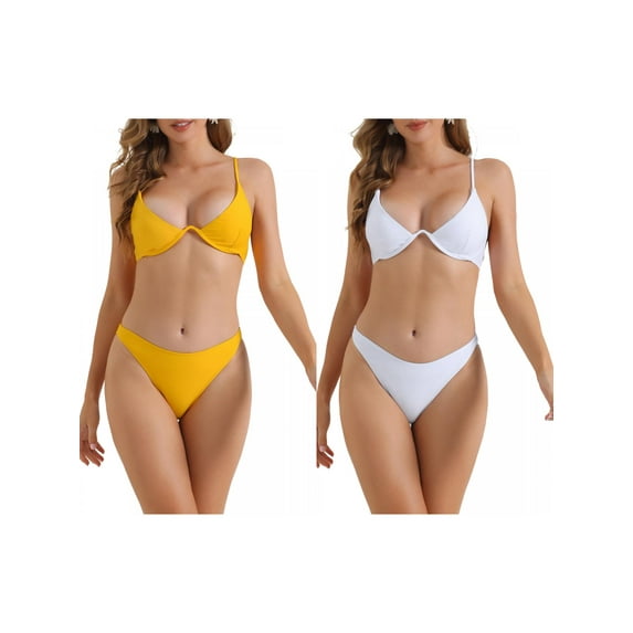 Women's Halter Underwire Bikini Sets, 2 Piece Adjustable Spaghetti Straps Swimwear Bathing Suits 2 Sets X-Large White, Yellow