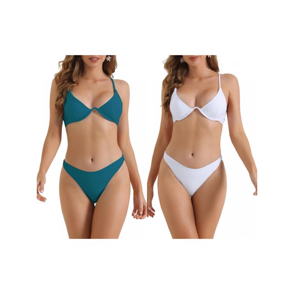 Women's Halter Underwire Bikini Sets, 2 Piece Adjustable Spaghetti Straps Swimwear Bathing Suits 2 Sets X-Small White, Teal
