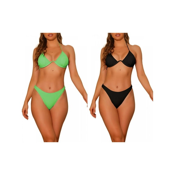 Women's Halter Underwire Ribbed Bikini Combination Sets, 2 Piece Double Straps Tie Back Triangle Bottoms Swimwear Bathing Suits Large Black, Green