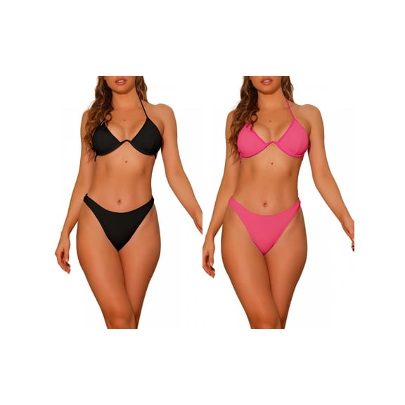 Women's Halter Underwire Ribbed Bikini Combination Sets, 2 Piece Double Straps Tie Back Triangle Bottoms Swimwear Bathing Suits Small Black, Hot Pink