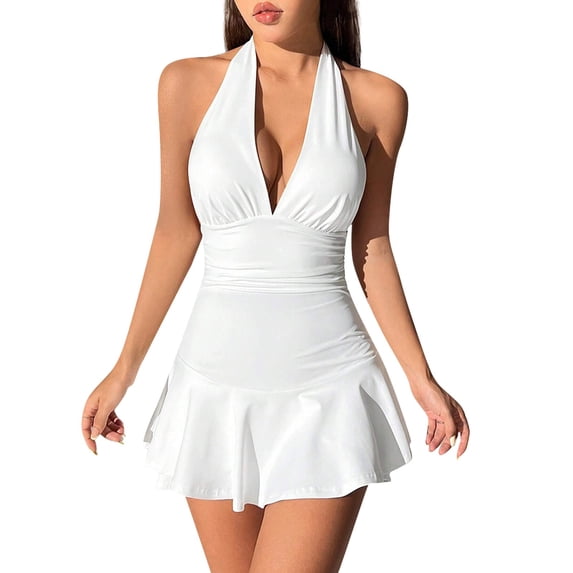 Women's Halter V-Neck Backless Mini Dress Ruffle Hem Fit and Flare Casual Party Graduation Dress