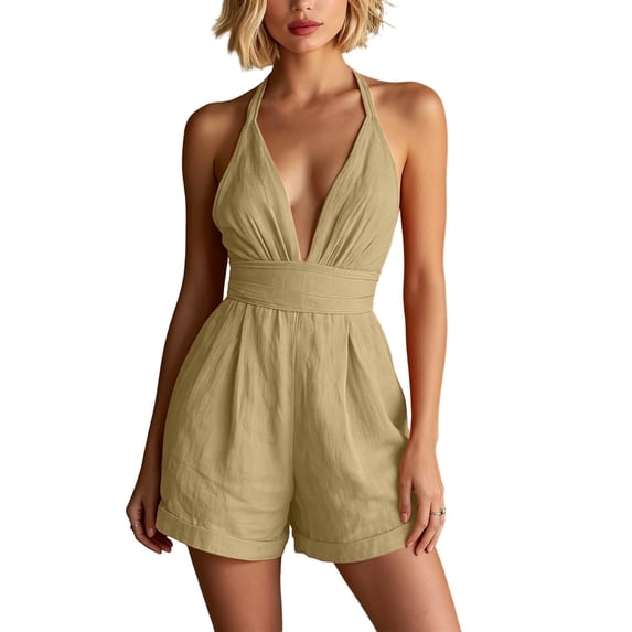 Women's Halter V-Neck Backless Wide Leg Romper with Pockets, Sleeveless Solid Color Short Jumpsuit, Casual Summer Vacation Playsuit for Beach, Parties, and Holidays