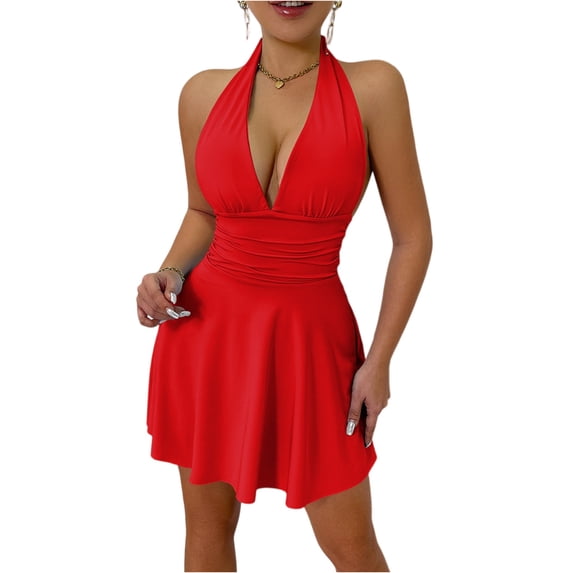 Women’s Halter V Neck Fit and Flare Mini Dress Backless Ruched Party Cocktail Skater Dress