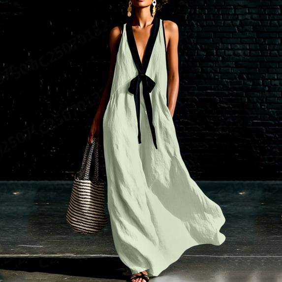 Women's Halter V-Neck Maxi Dress, Sleeveless High Waist Flowy Dress with Button Detail, Casual Cotton-Linen Look Sundress, Elegant Summer Dress for Beach Vacation and Evening Events Green S