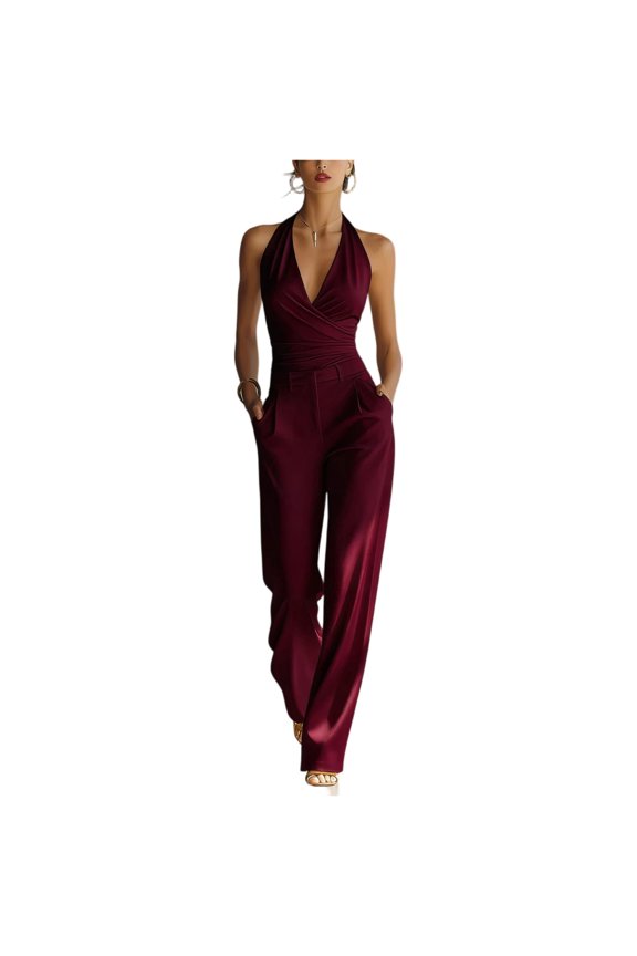 Women's Halter Wide Leg Jumpsuit Elegant Backless Dressy Romper with Pockets