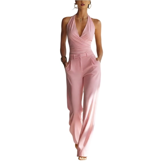 Women's Halter Wide Leg Jumpsuit Elegant Backless Dressy Romper with Pockets