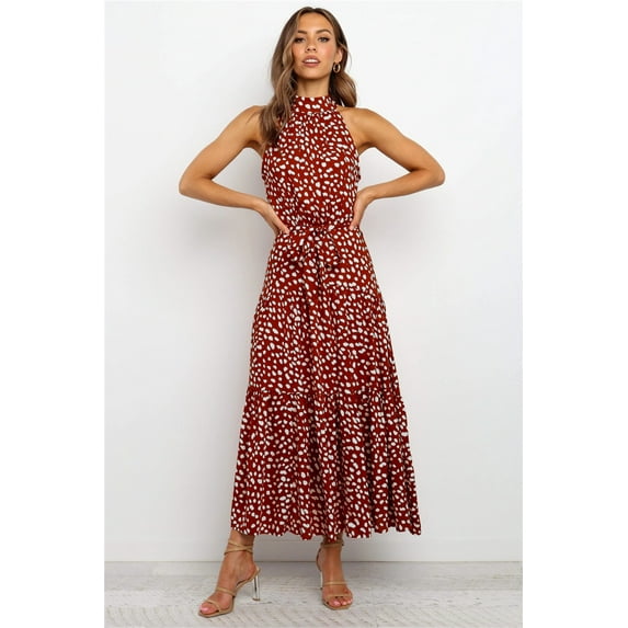 Women's Halterneck Sleeveless Summer Floral Print Flowy A Line Maxi Dress