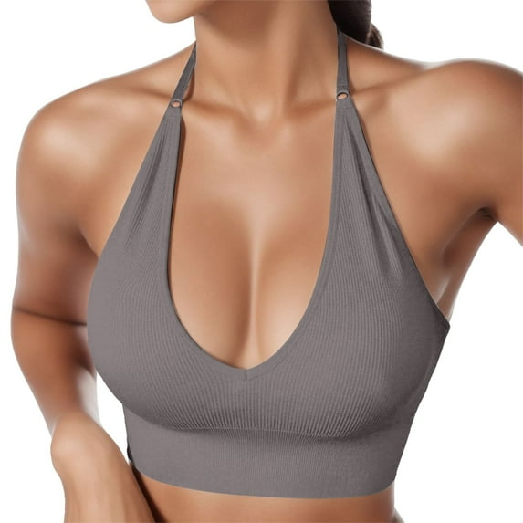 Women's Halterneck Sports Bra Backless Deep V Neck Sports Bustier Padded Gym Push up Bra Backless Adjustable Straps Bras for Women GY2 L