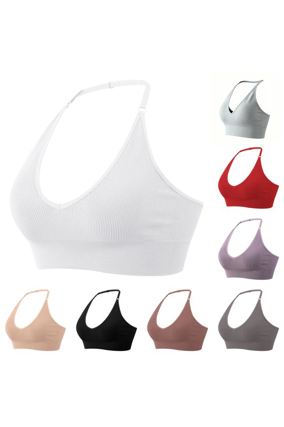 Women's Halterneck Sports Bra Backless V Neck Padded Gym Push Up Bustier Adjustable Straps