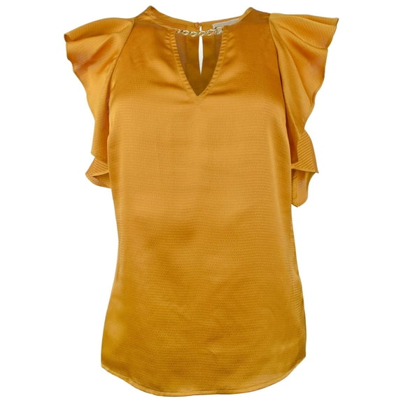 Women's Hammered Satin Flutter Sleeve Chain Neck Top Blouse X-Small