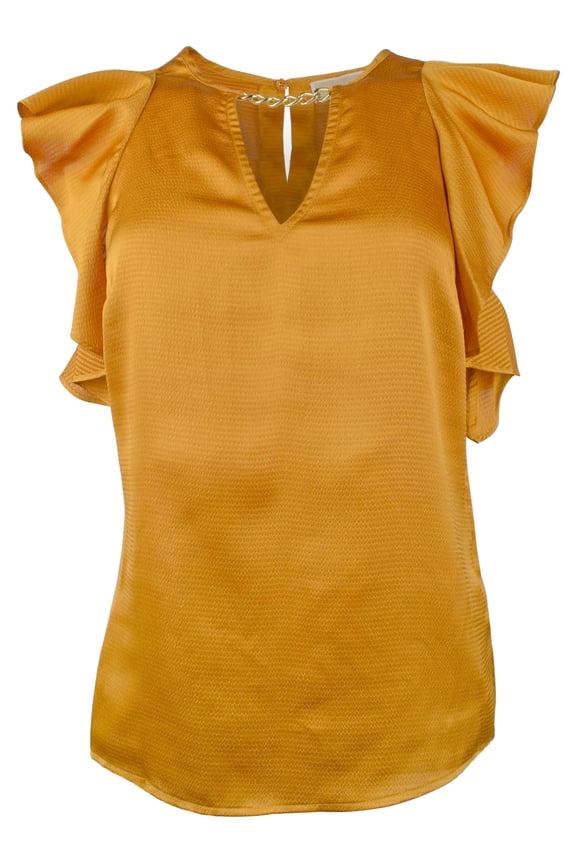 Women's Hammered Satin Flutter Sleeve Chain Neck Top Blouse X-Small