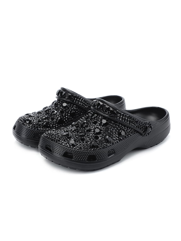 Women’s Hand-Applied Rhinestone Clog Sandals, Sparkle Slip-On Garden Shoes