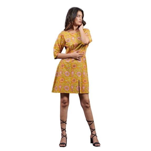 Women's Hand Block Printed Floral Print Short Sleeve Mini Dress - Bright Yellow with Pink Accents