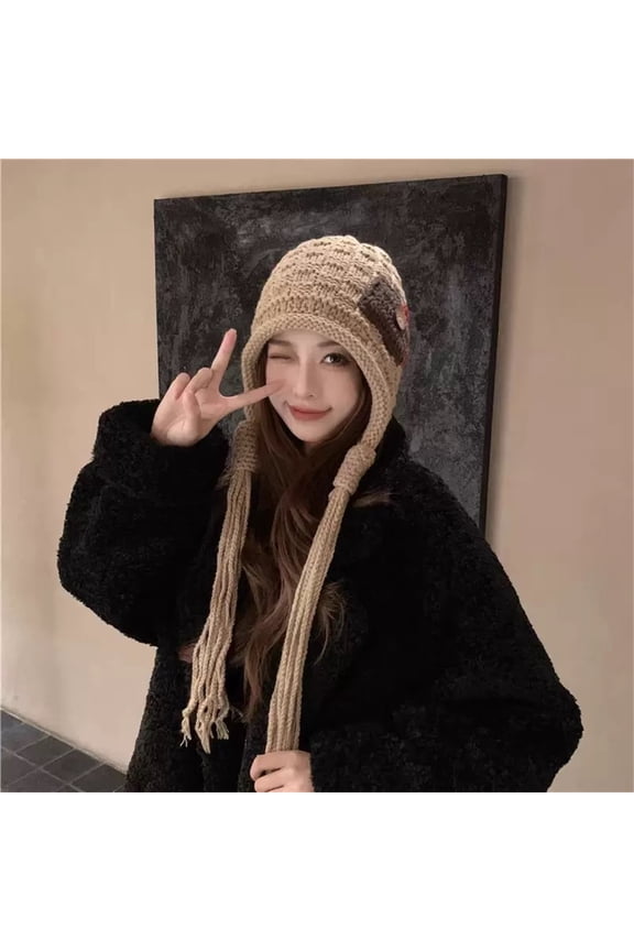 Women's Hand Braided Knit Hat with Patchwork Details and Red Tassels, Warm Handmade Crochet Winter Beanie, Fashionable Pom Pom Hat, Autumn Winter Skull Cap, Christmas Gift - Khaki