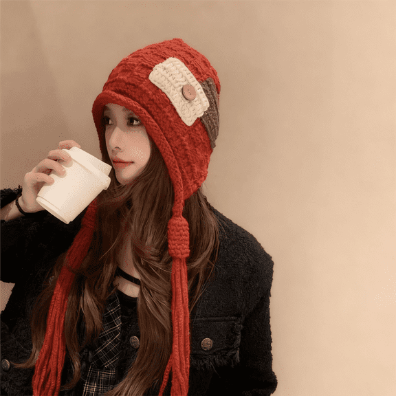 Women's Hand Braided Knit Hat with Patchwork Details and Red Tassels, Warm Handmade Crochet Winter Beanie, Fashionable Pom Pom Hat, Autumn Winter Skull Cap, Christmas Gift - Red