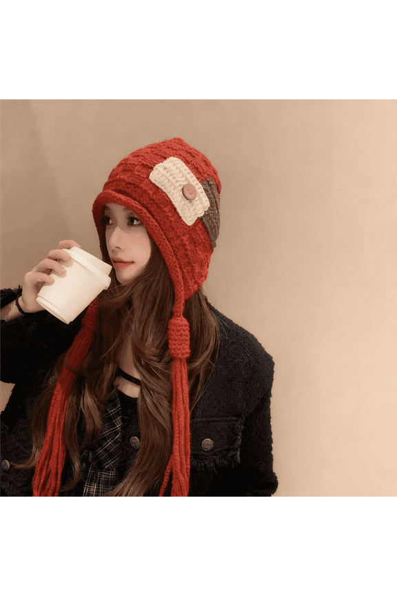 Women's Hand Braided Knit Hat with Patchwork Details and Red Tassels, Warm Handmade Crochet Winter Beanie, Fashionable Pom Pom Hat, Autumn Winter Skull Cap, Christmas Gift - Red
