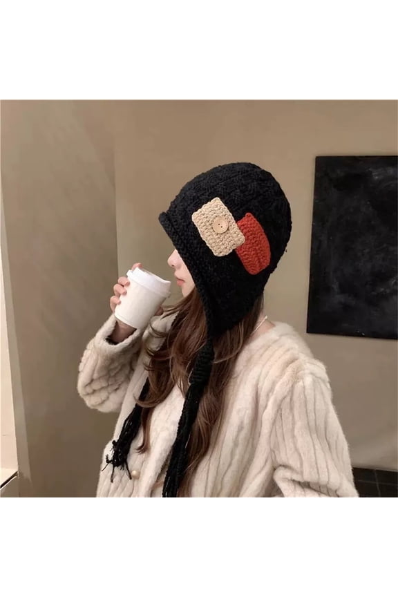 Women's Hand Braided Knit Hat with Patchwork Details and Red Tassels, Warm Handmade Crochet Winter Beanie, Fashionable Pom Pom Hat, Autumn Winter Skull Cap, Christmas Gift - Black