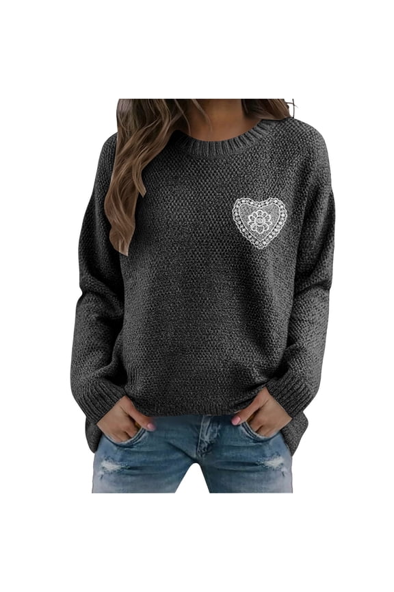 Women's Hand-Crochet Detail Sweater, 3D Floral Embroidered Pullover, Casual Crewneck Knit Top, Boho Chic Long Sleeve Blouse, Lightweight Textured Pullover Black M