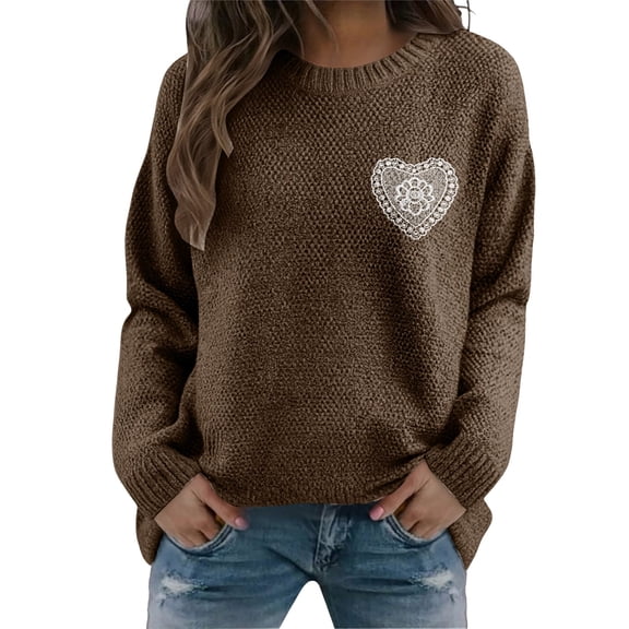 Women's Hand-Crochet Detail Sweater, 3D Floral Embroidered Pullover, Casual Crewneck Knit Top, Boho Chic Long Sleeve Blouse, Lightweight Textured Pullover Coffee L