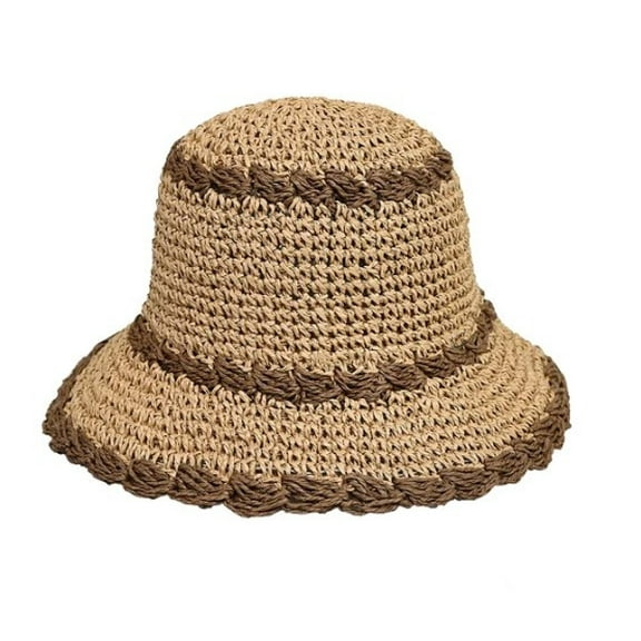 Women's Hand Crochet Straw Bucket Sun Hat with Scallop Edge