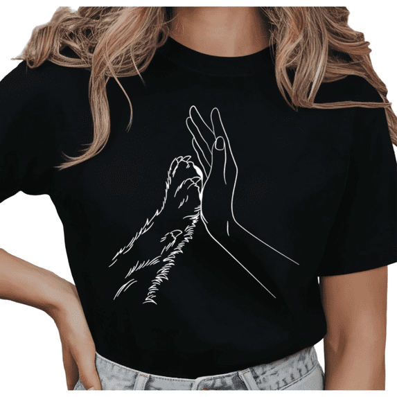 Women's "Hand & Dog Paw" Minimalist Line Art Graphic Casual T Shirt Cute Dog Lover Short Sleeve Round Neck Top Black S-5XL