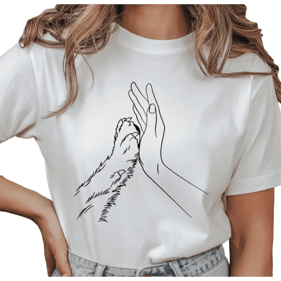 Women's "Hand & Dog Paw" Minimalist Line Art Graphic Casual T Shirt Cute Dog Lover Short Sleeve Round Neck Top White S-5XL