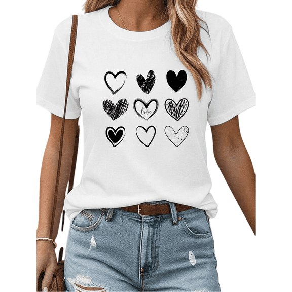 Women's Hand Drawn T-Shirt - 9 Heart Textures Print Short Sleeve Tee - Artistic Grid of Love for Casual Valentine's & Everyday Tops