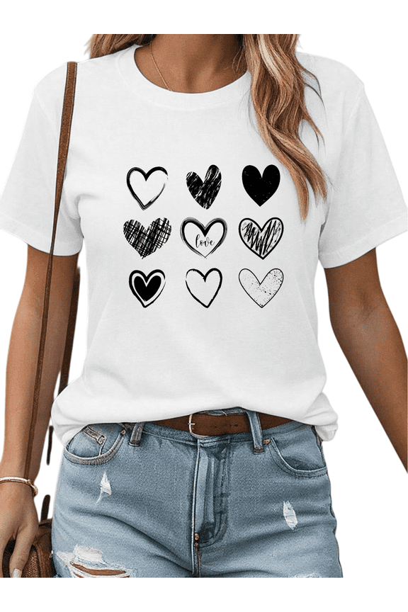 Women's Hand Drawn T-Shirt - 9 Heart Textures Print Short Sleeve Tee - Artistic Grid of Love for Casual Valentine's & Everyday Tops