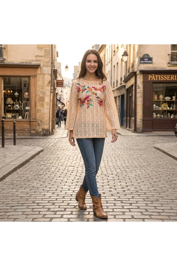 Women's Hand-Embroidered Cotton Lace Bell Sleeve Boho Flounce Top
