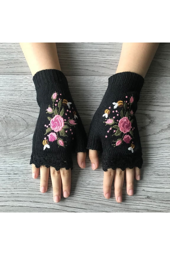 Women's Hand Embroidered Knitted Fingerless Gloves, Floral Bee Design Winter Gloves with Crochet Cuff, Warm Texting Touchscreen Gloves for Women in Multiple Colors, Cozy Daily Wear Accessories