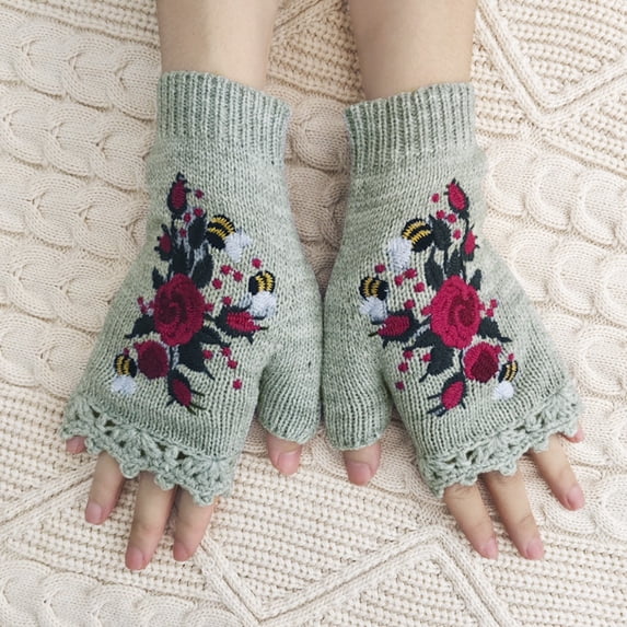 Women's Hand Embroidered Knitted Fingerless Gloves, Floral Bee Design Winter Gloves with Crochet Cuff, Warm Texting Touchscreen Gloves for Women in Multiple Colors, Cozy Daily Wear Accessories