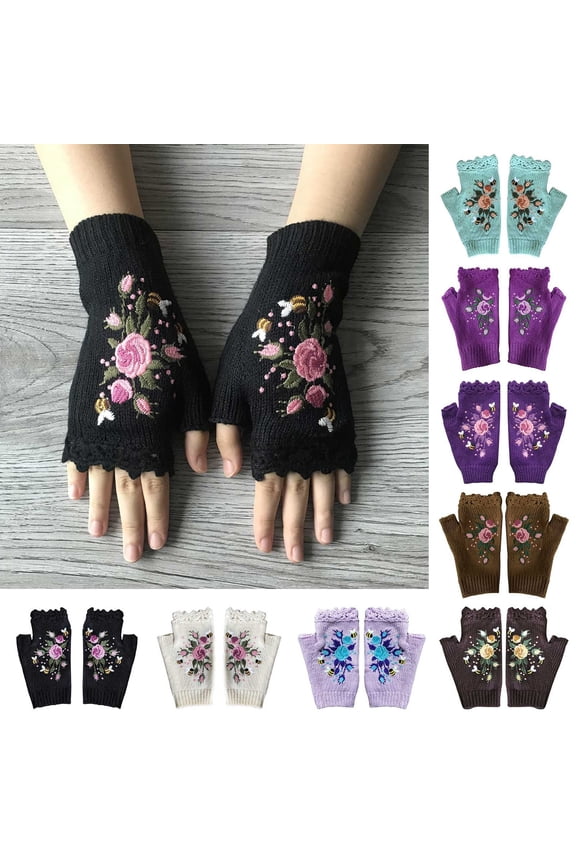 Women's Hand Embroidered Knitted Flower Fingerless Gloves Craft Design