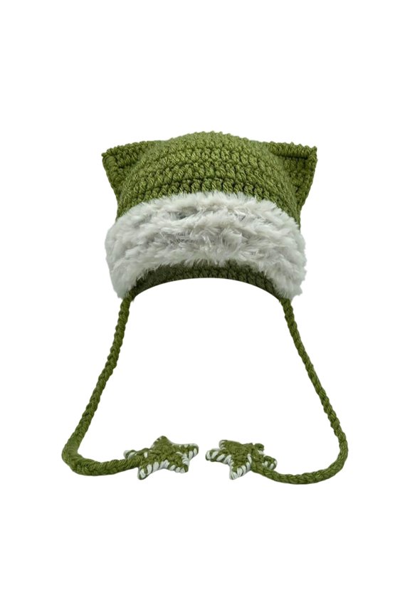 Women's Hand-Knitted Star Striped Cat Ear Hat - Ear Flap Fashion Versatile Knit Cap, Army Green