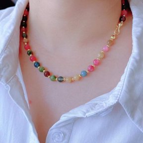Womens HandMade Multicolor Natural Stone Necklace, Bohemian Casual Collarbone Beaded Jewelry