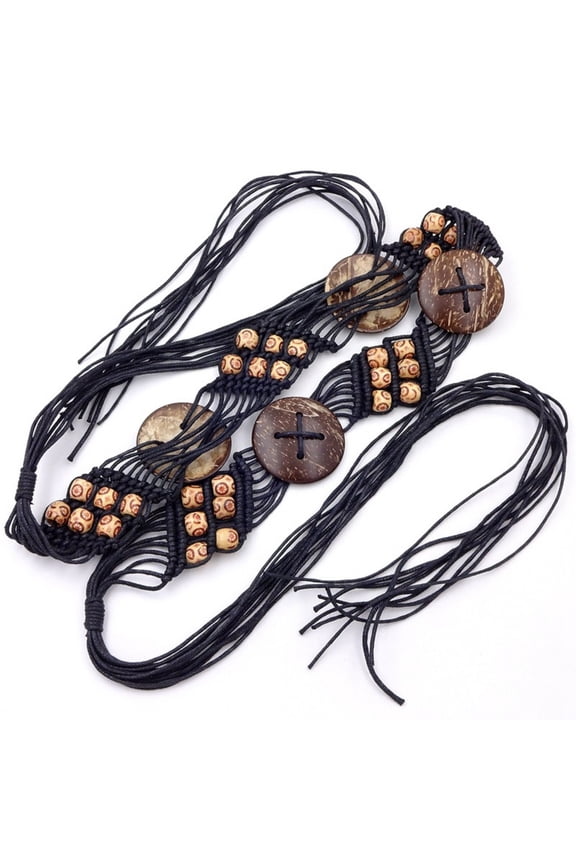 Women's Hand Woven Bohemian Belt, Wax Rope Adjustable Waist Cincher with Wooden Beads, Coconut Knit Festival Accessory, Casual Waist Belt for Women - Coffee