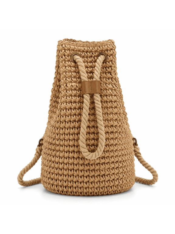 Women's Hand-Woven Straw Backpack with Adjustable Straps & Drawstring Closure, Large Capacity Bohemian Rattan Bag for Beach, Travel & Camping